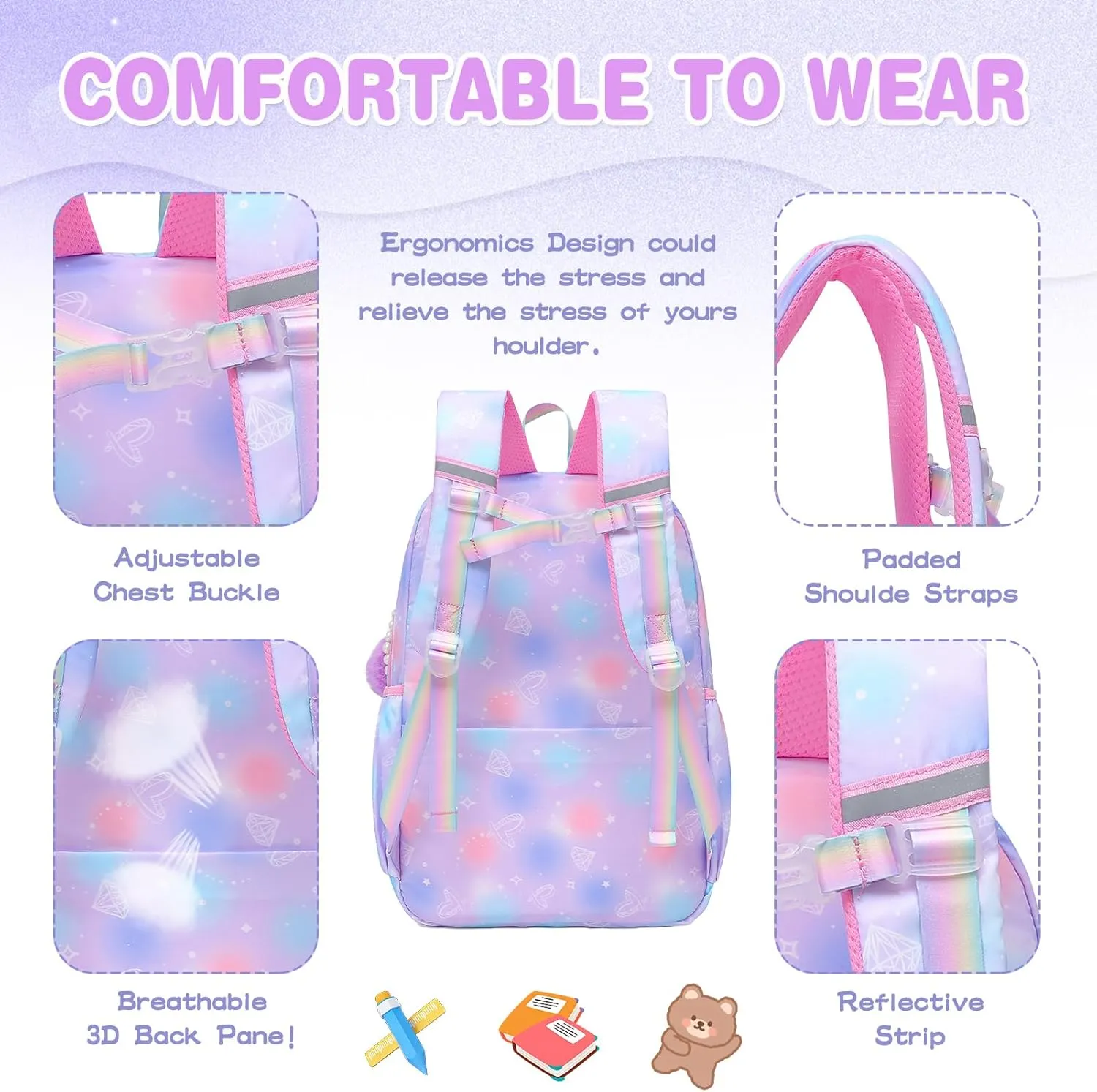 Sweet Girls Backpack - Stylish Splash-resistant School Bag with Multiple Pockets & Trendy Laptop Compartment17inch Purple