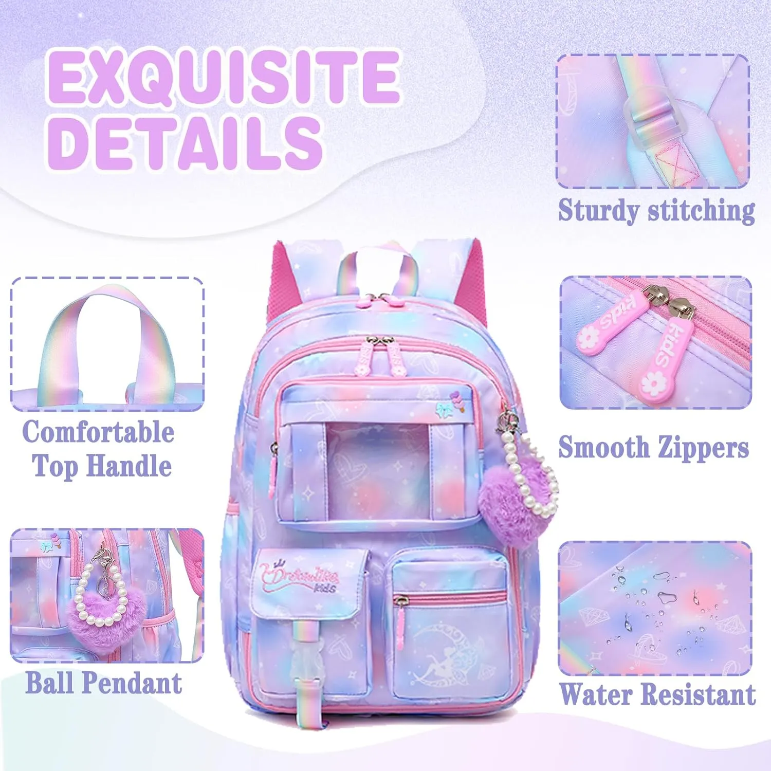 Sweet Girls Backpack - Stylish Splash-resistant School Bag with Multiple Pockets & Trendy Laptop Compartment17inch Purple
