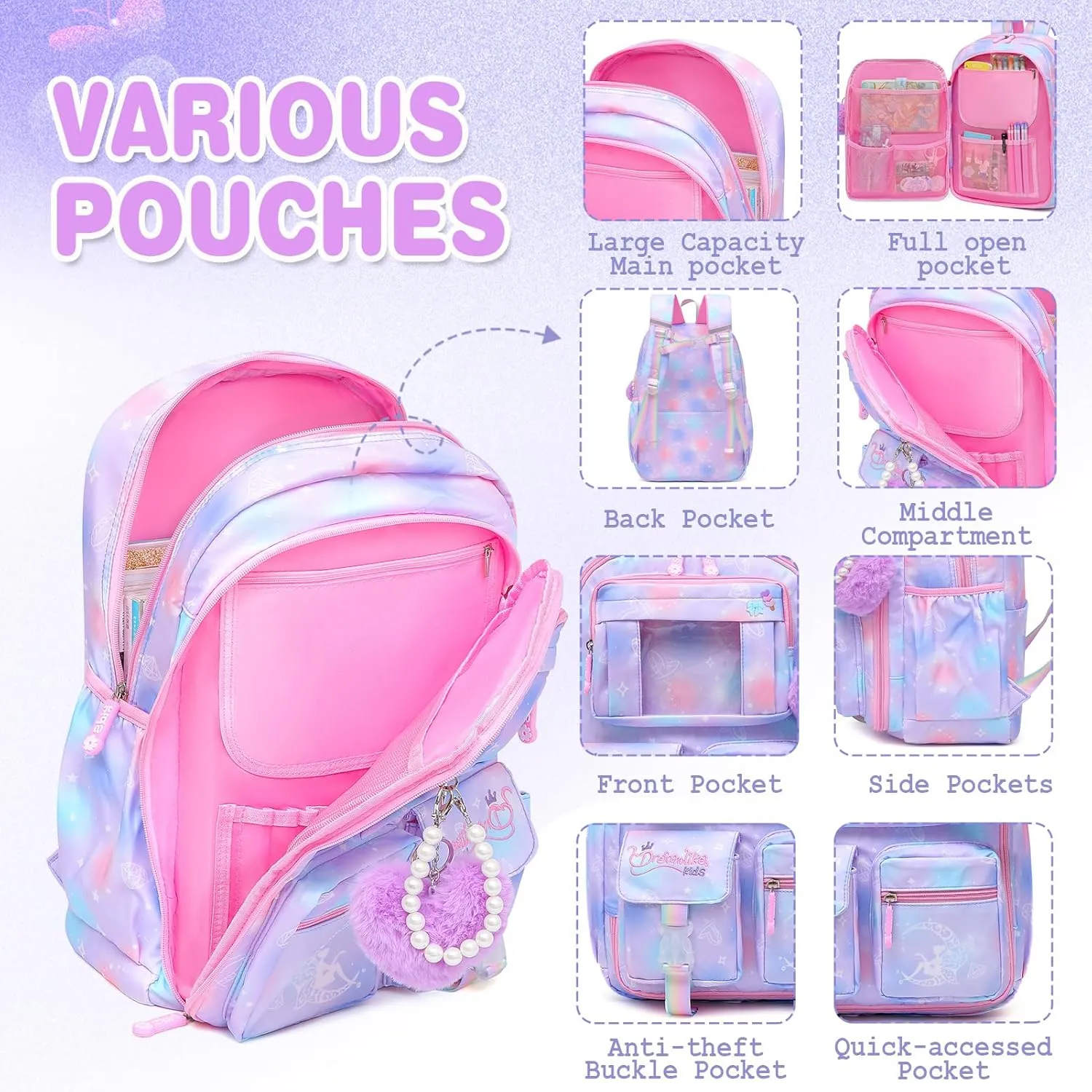 Sweet Girls Backpack - Stylish Splash-resistant School Bag with Multiple Pockets & Trendy Laptop Compartment17inch Purple