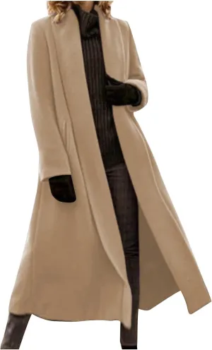 TANGNADE Winter Coats for Women Long Length Wool Jackets Notch Lapel Single Breasted Trendy Casual Long Pea Trench Coat
