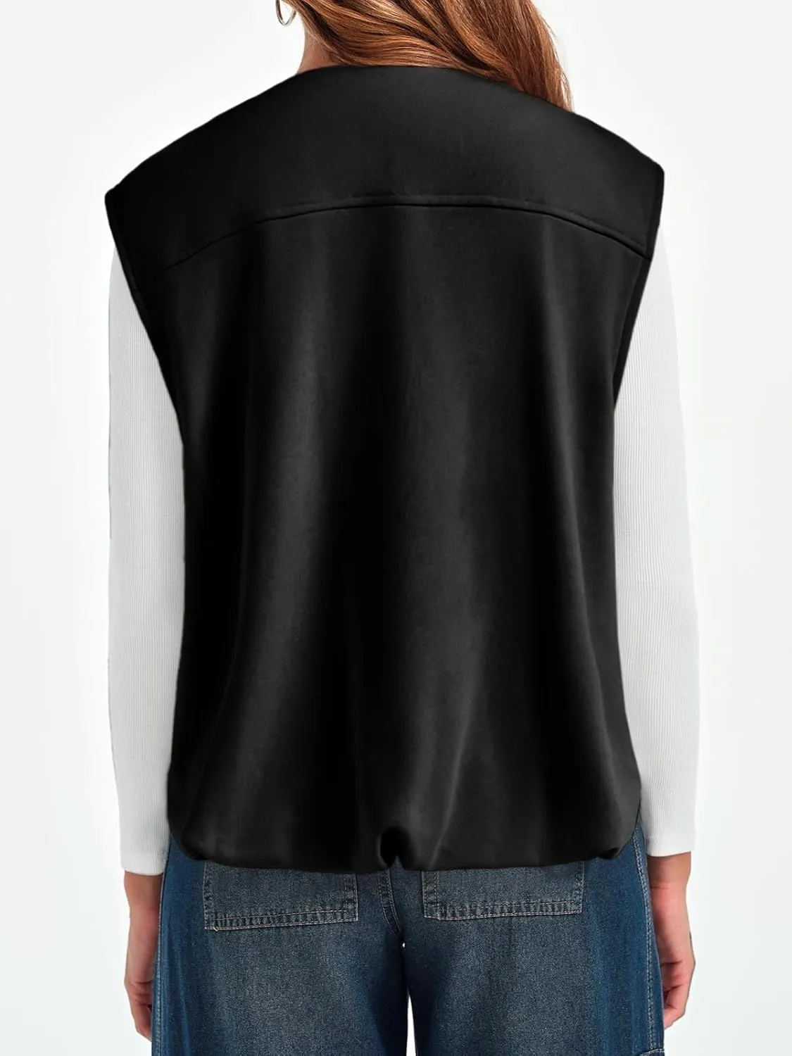 Tankaneo Womens Cargo Zip up Vest Oversized Casual Cotton Sleeveless Jackets Crew Neck Ruched Hem Gilet