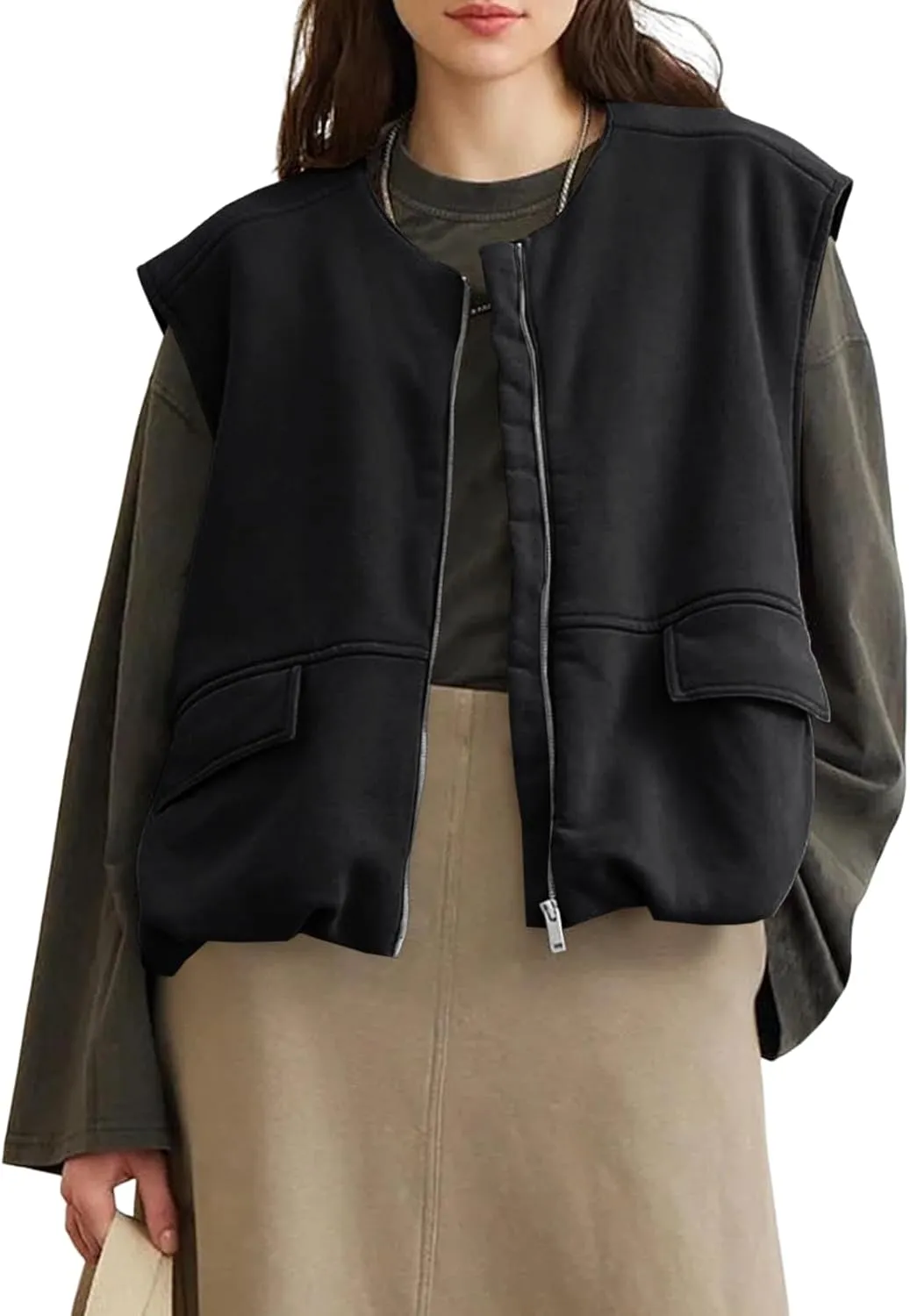 Tankaneo Womens Cargo Zip up Vest Oversized Casual Cotton Sleeveless Jackets Crew Neck Ruched Hem Gilet