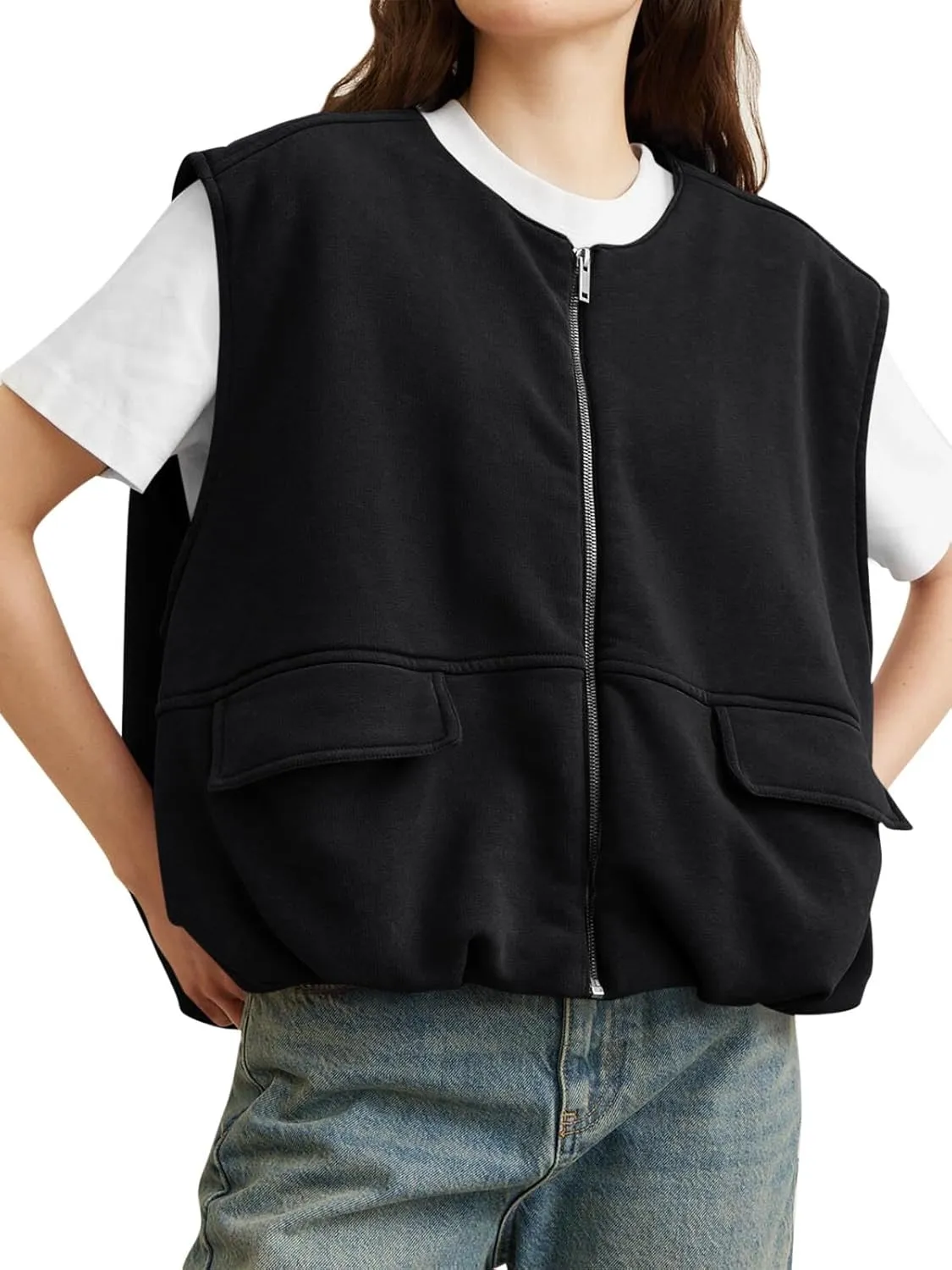 Tankaneo Womens Cargo Zip up Vest Oversized Casual Cotton Sleeveless Jackets Crew Neck Ruched Hem Gilet