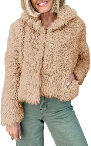Tankaneo Womens Cropped Faux Fur Coat Lapel Collar Button Down Fluffy Jackets Winter Outerwear