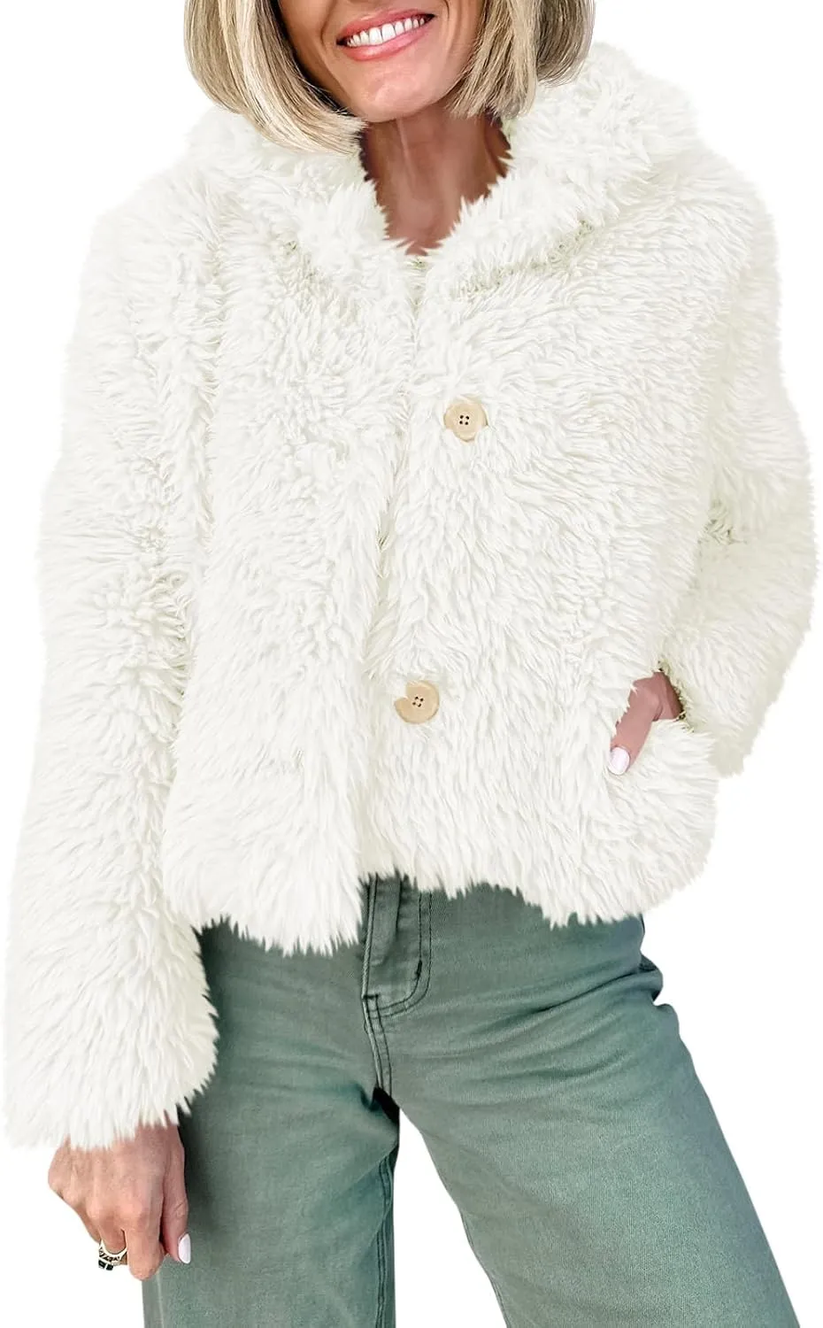 Tankaneo Womens Cropped Faux Fur Coat Lapel Collar Button Down Fluffy Jackets Winter Outerwear