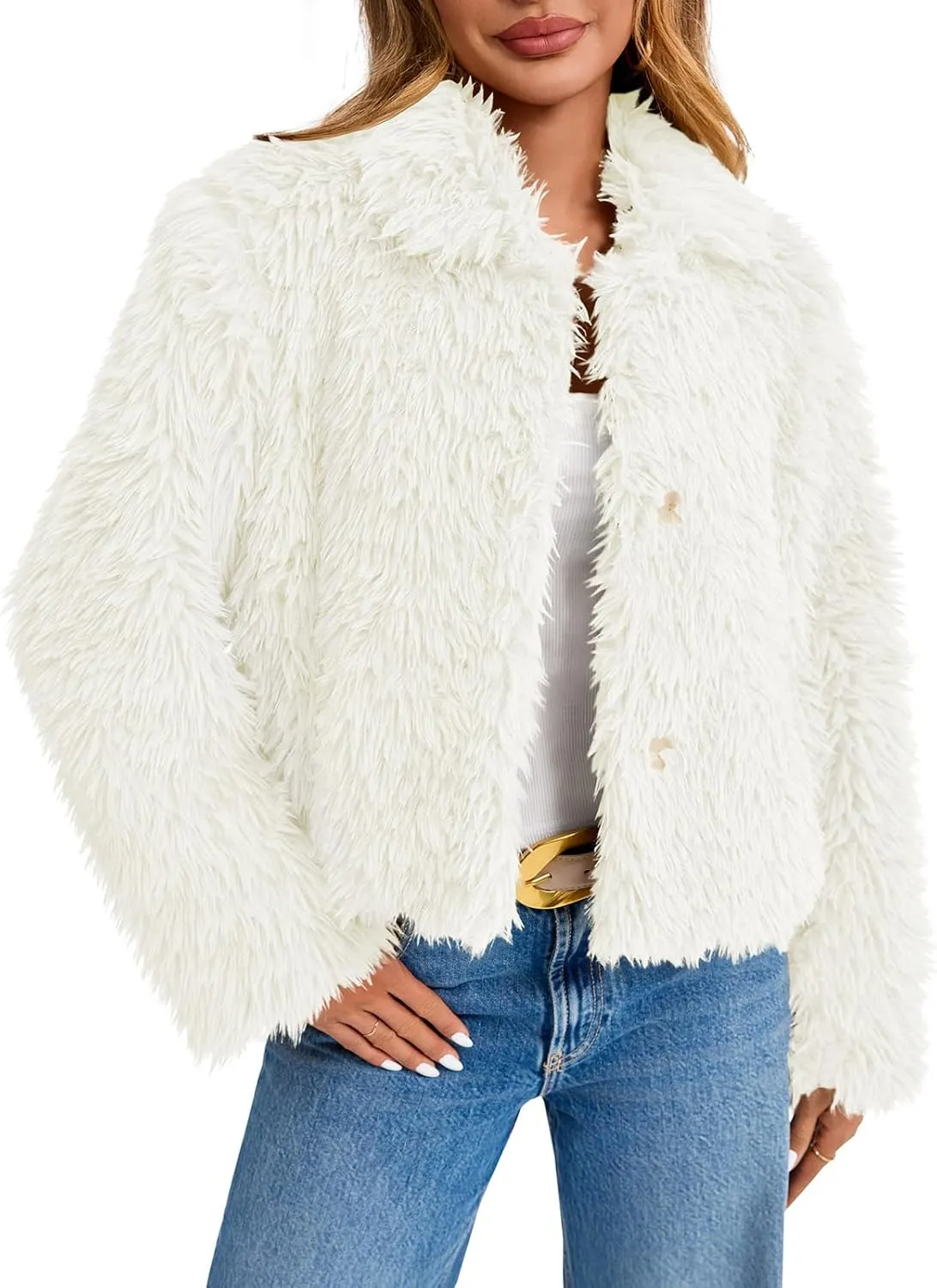 Tankaneo Womens Cropped Faux Fur Coat Lapel Collar Button Down Fluffy Jackets Winter Outerwear