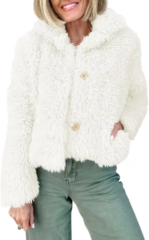 Tankaneo Womens Cropped Faux Fur Coat Lapel Collar Button Down Fluffy Jackets Winter Outerwear