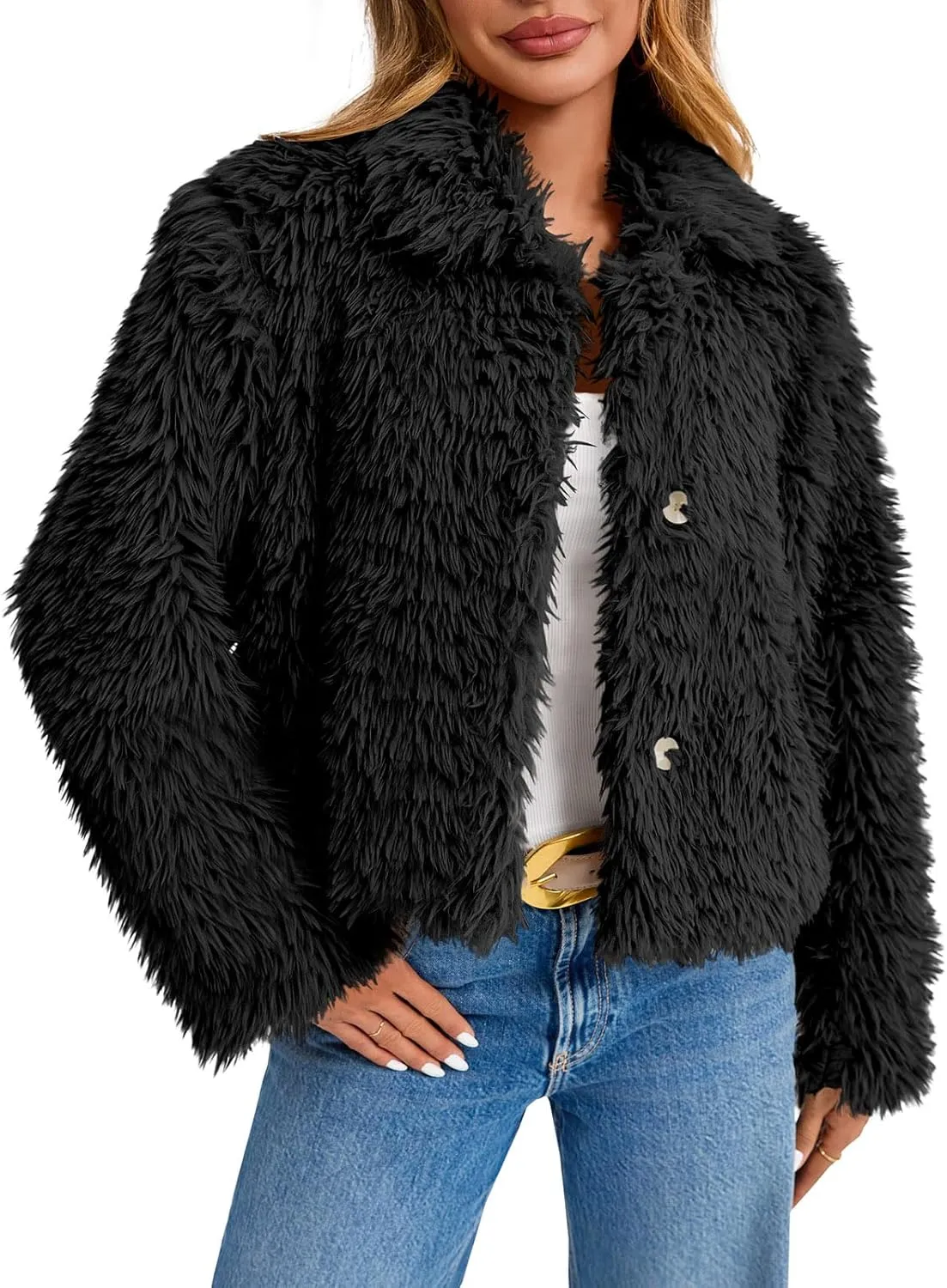 Tankaneo Womens Cropped Faux Fur Coat Lapel Collar Button Down Fluffy Jackets Winter Outerwear
