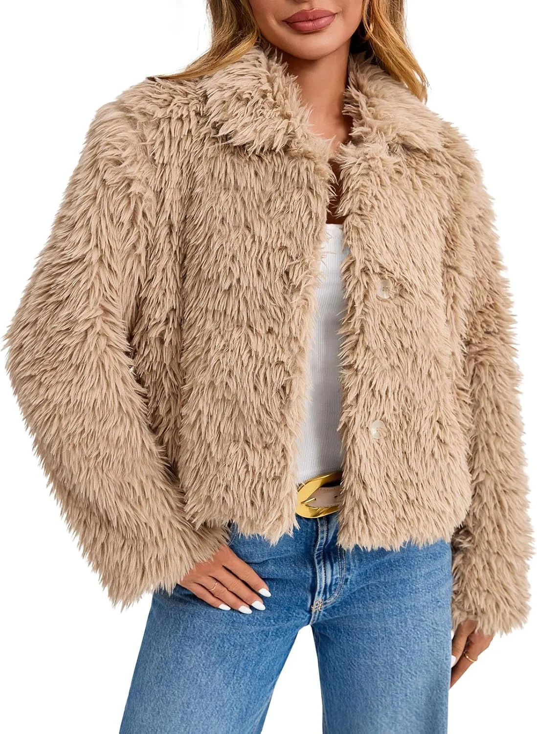 Tankaneo Womens Cropped Faux Fur Coat Lapel Collar Button Down Fluffy Jackets Winter Outerwear