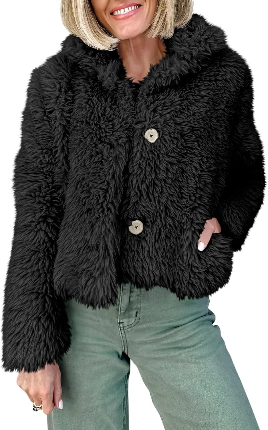Tankaneo Womens Cropped Faux Fur Coat Lapel Collar Button Down Fluffy Jackets Winter Outerwear