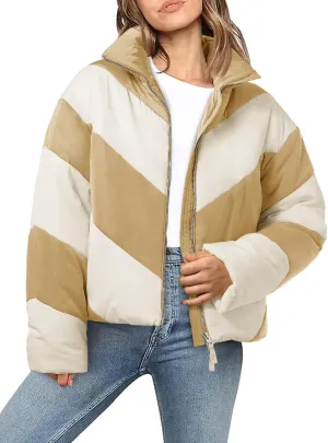 Tankaneo Womens Winter Cropped Puffer Jacket Color Block Zip Up Puffy Down Coats Oversized Outerwear