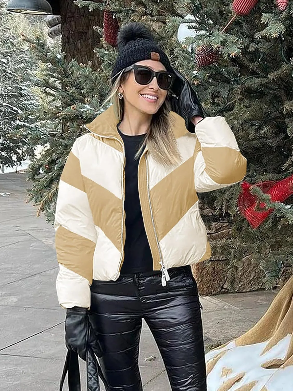 Tankaneo Womens Winter Cropped Puffer Jacket Color Block Zip Up Puffy Down Coats Oversized Outerwear