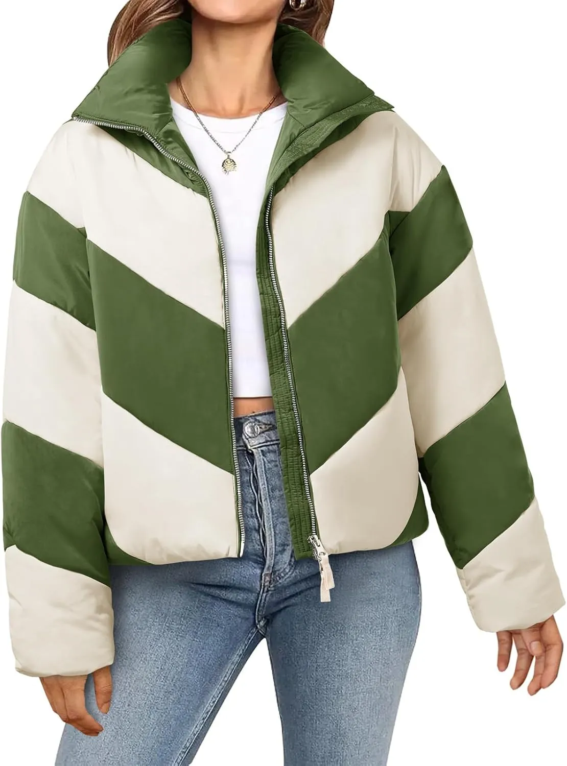 Tankaneo Womens Winter Cropped Puffer Jacket Color Block Zip Up Puffy Down Coats Oversized Outerwear