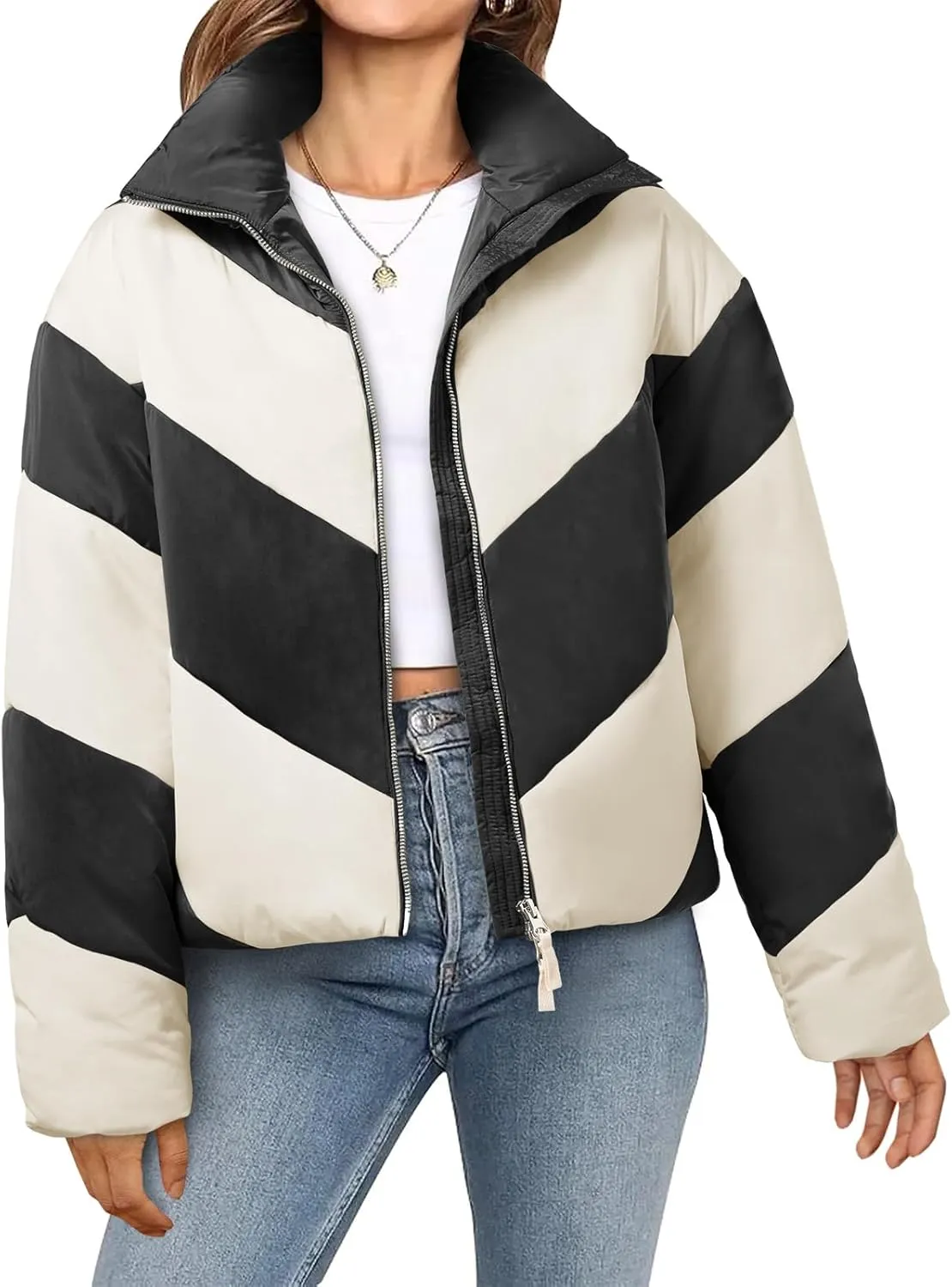 Tankaneo Womens Winter Cropped Puffer Jacket Color Block Zip Up Puffy Down Coats Oversized Outerwear