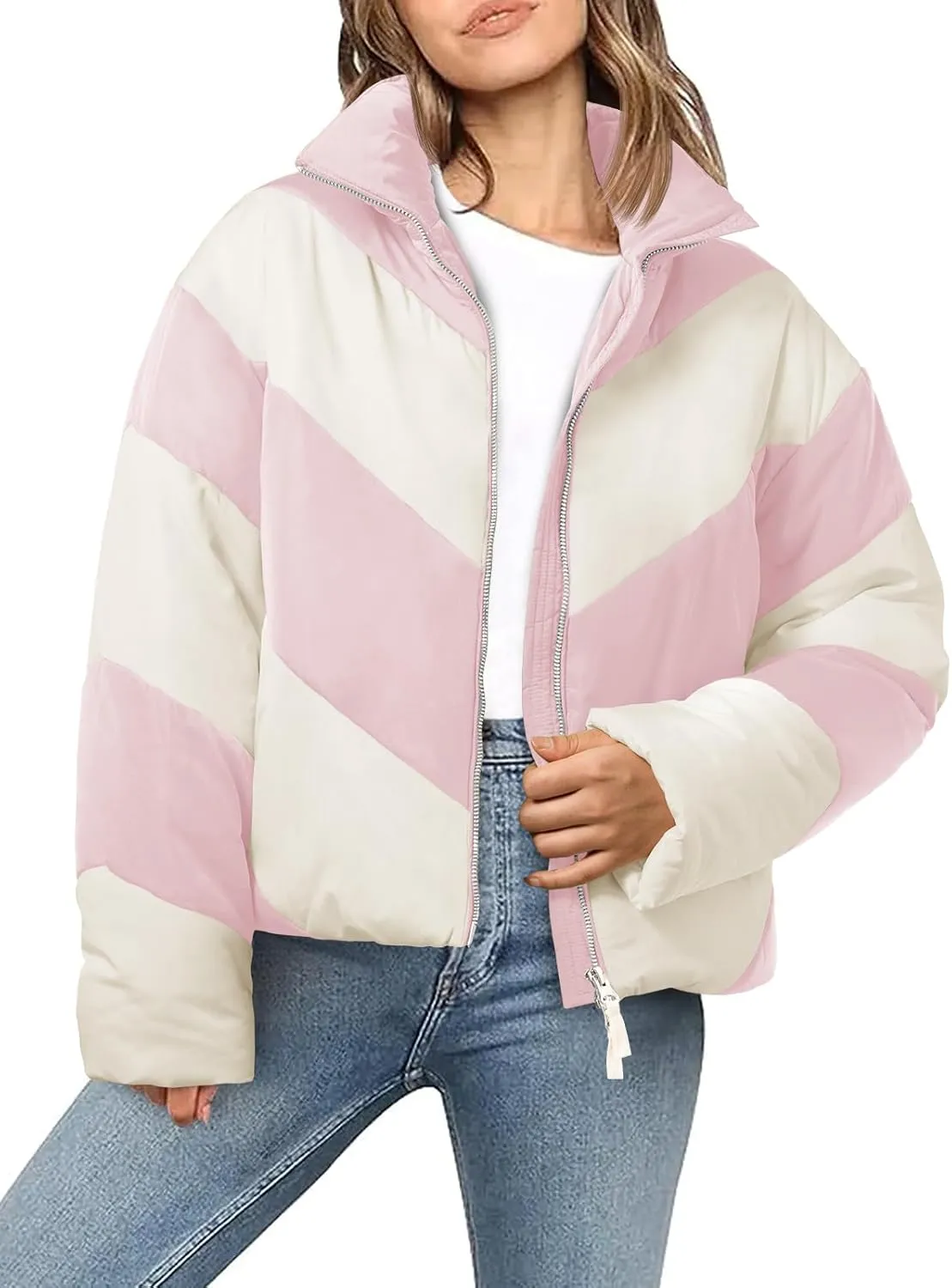 Tankaneo Womens Winter Cropped Puffer Jacket Color Block Zip Up Puffy Down Coats Oversized Outerwear