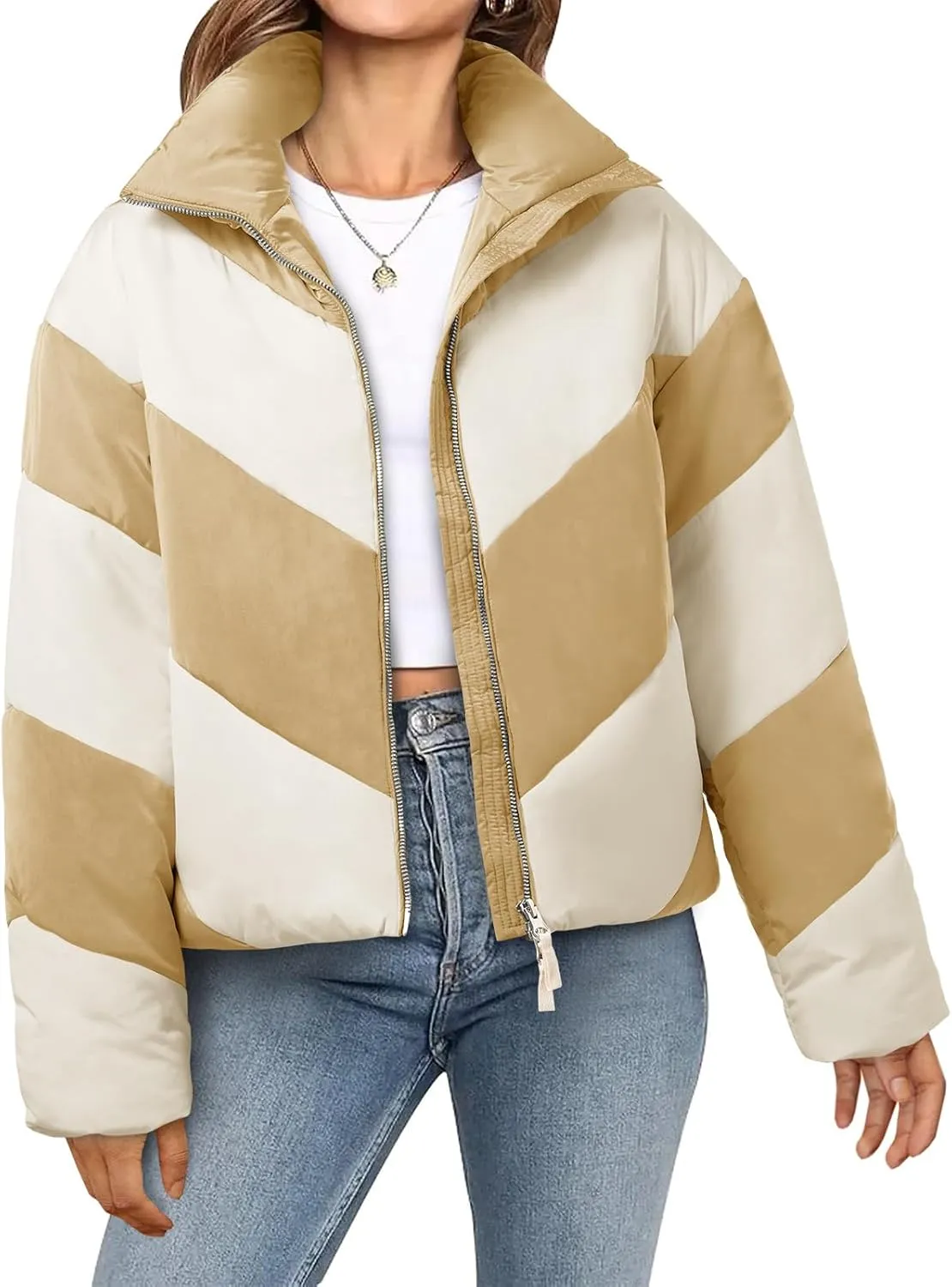 Tankaneo Womens Winter Cropped Puffer Jacket Color Block Zip Up Puffy Down Coats Oversized Outerwear