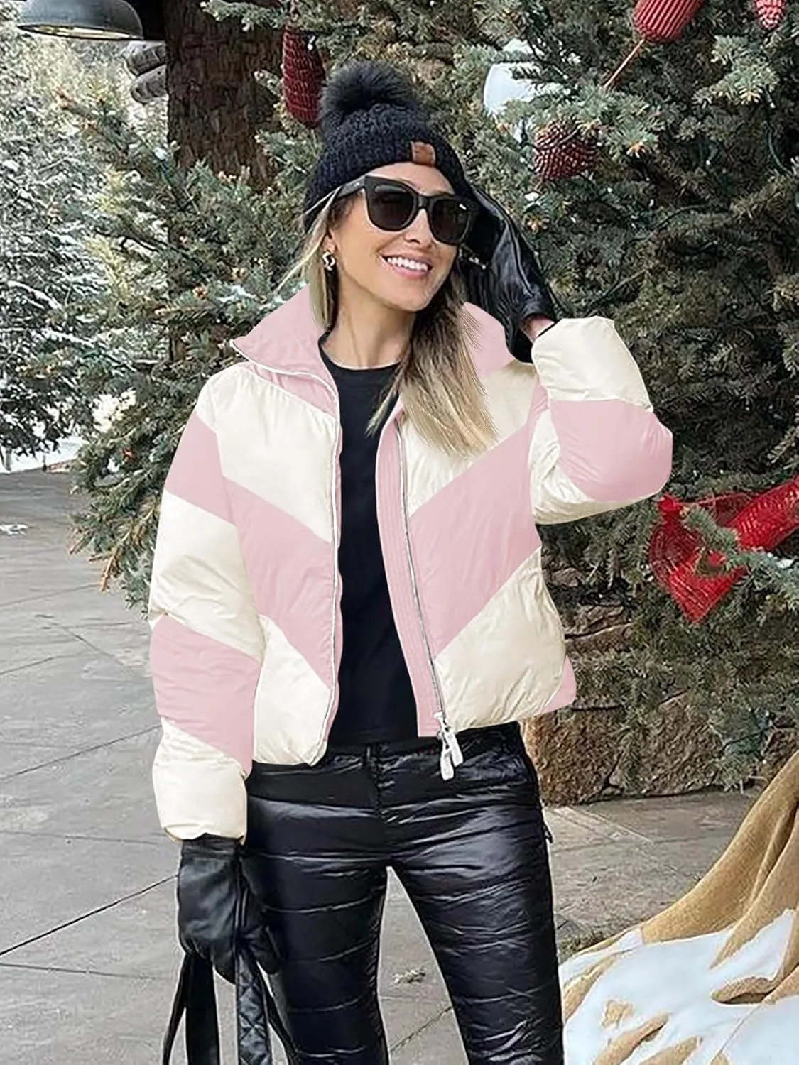Tankaneo Womens Winter Cropped Puffer Jacket Color Block Zip Up Puffy Down Coats Oversized Outerwear