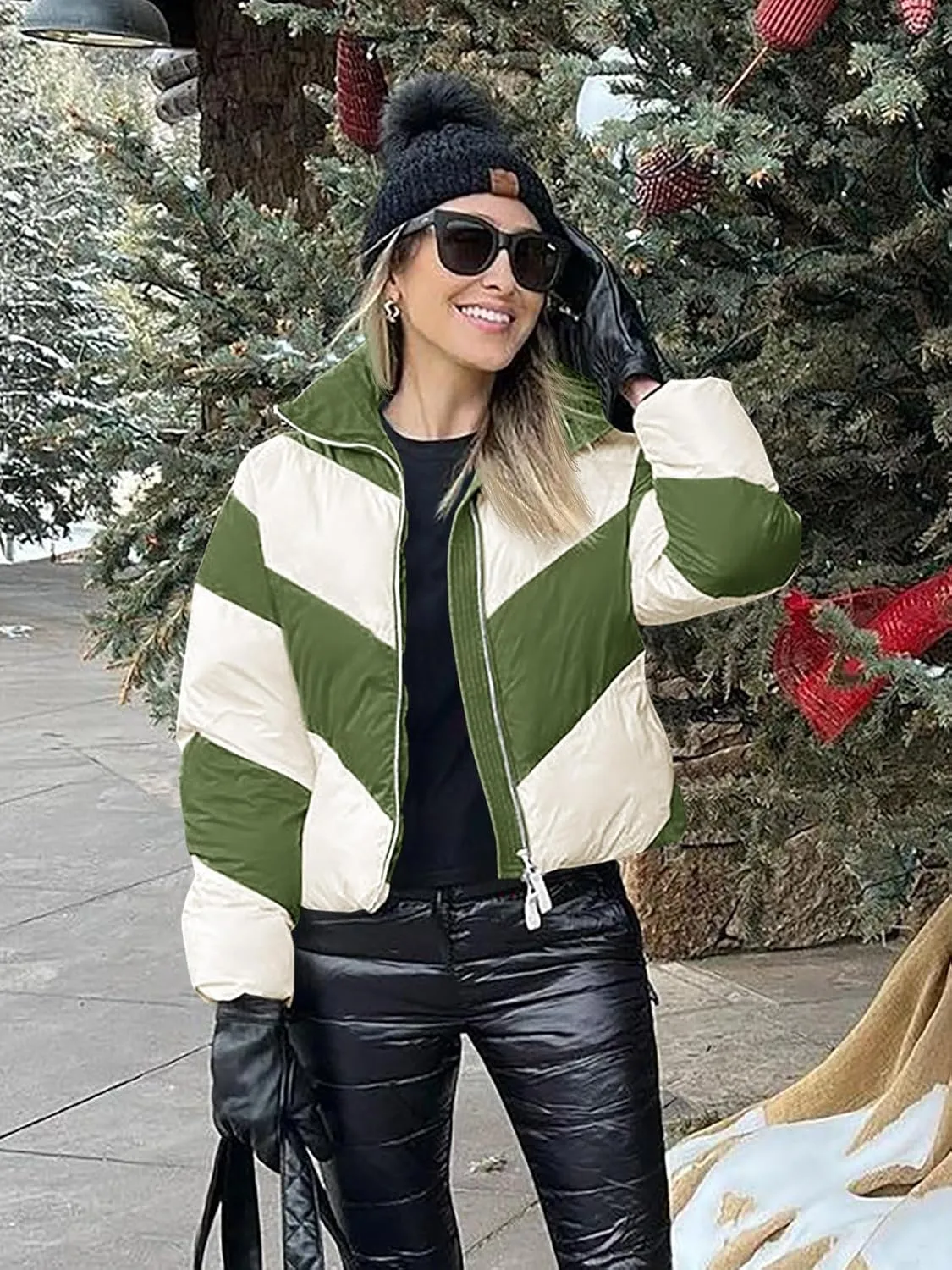Tankaneo Womens Winter Cropped Puffer Jacket Color Block Zip Up Puffy Down Coats Oversized Outerwear
