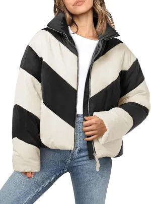Tankaneo Womens Winter Cropped Puffer Jacket Color Block Zip Up Puffy Down Coats Oversized Outerwear