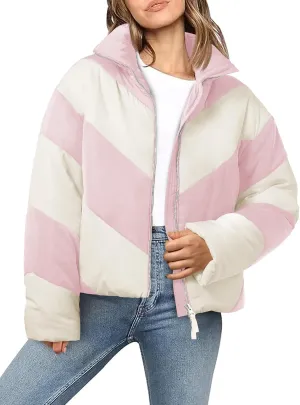 Tankaneo Womens Winter Cropped Puffer Jacket Color Block Zip Up Puffy Down Coats Oversized Outerwear