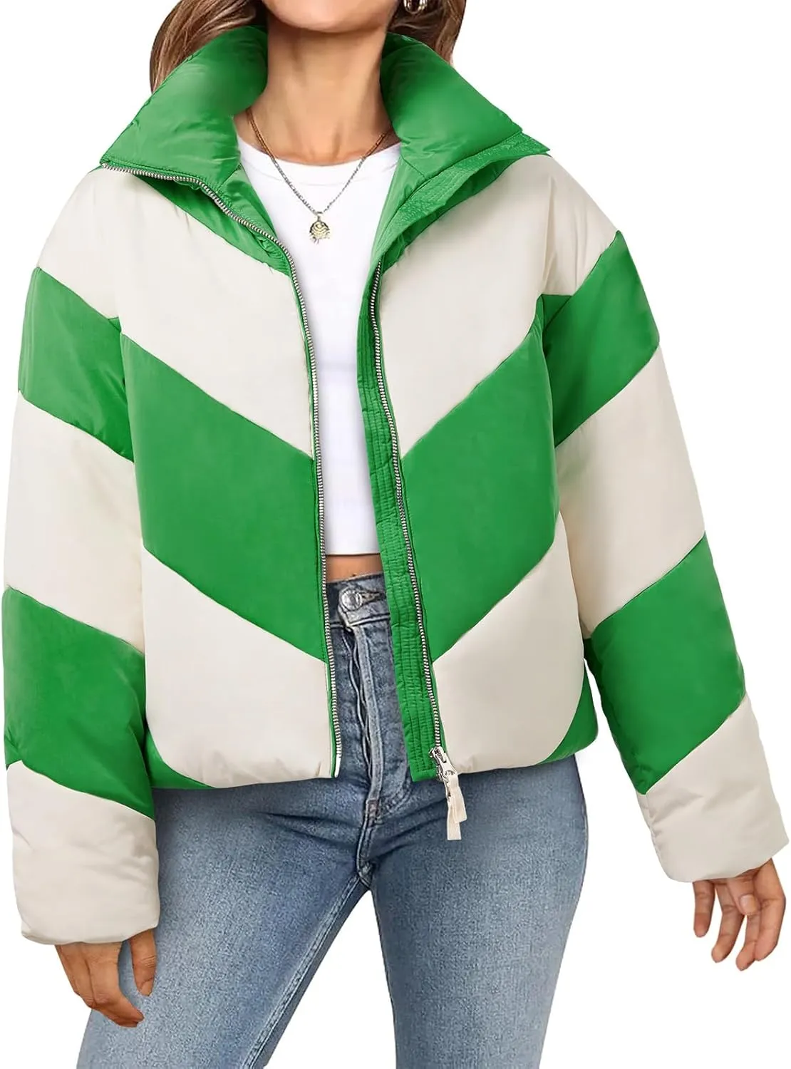 Tankaneo Womens Winter Cropped Puffer Jacket Color Block Zip Up Puffy Down Coats Oversized Outerwear
