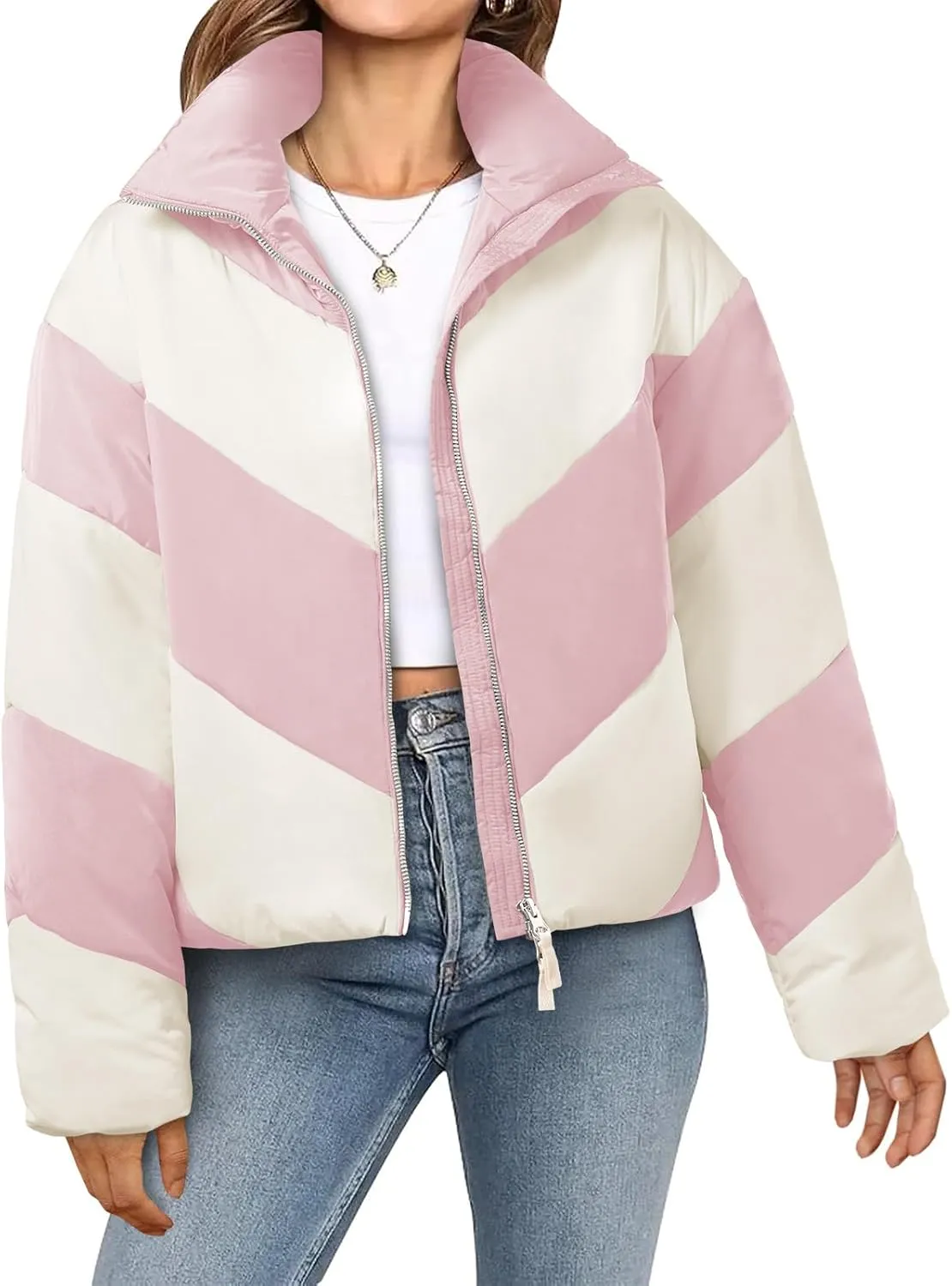 Tankaneo Womens Winter Cropped Puffer Jacket Color Block Zip Up Puffy Down Coats Oversized Outerwear