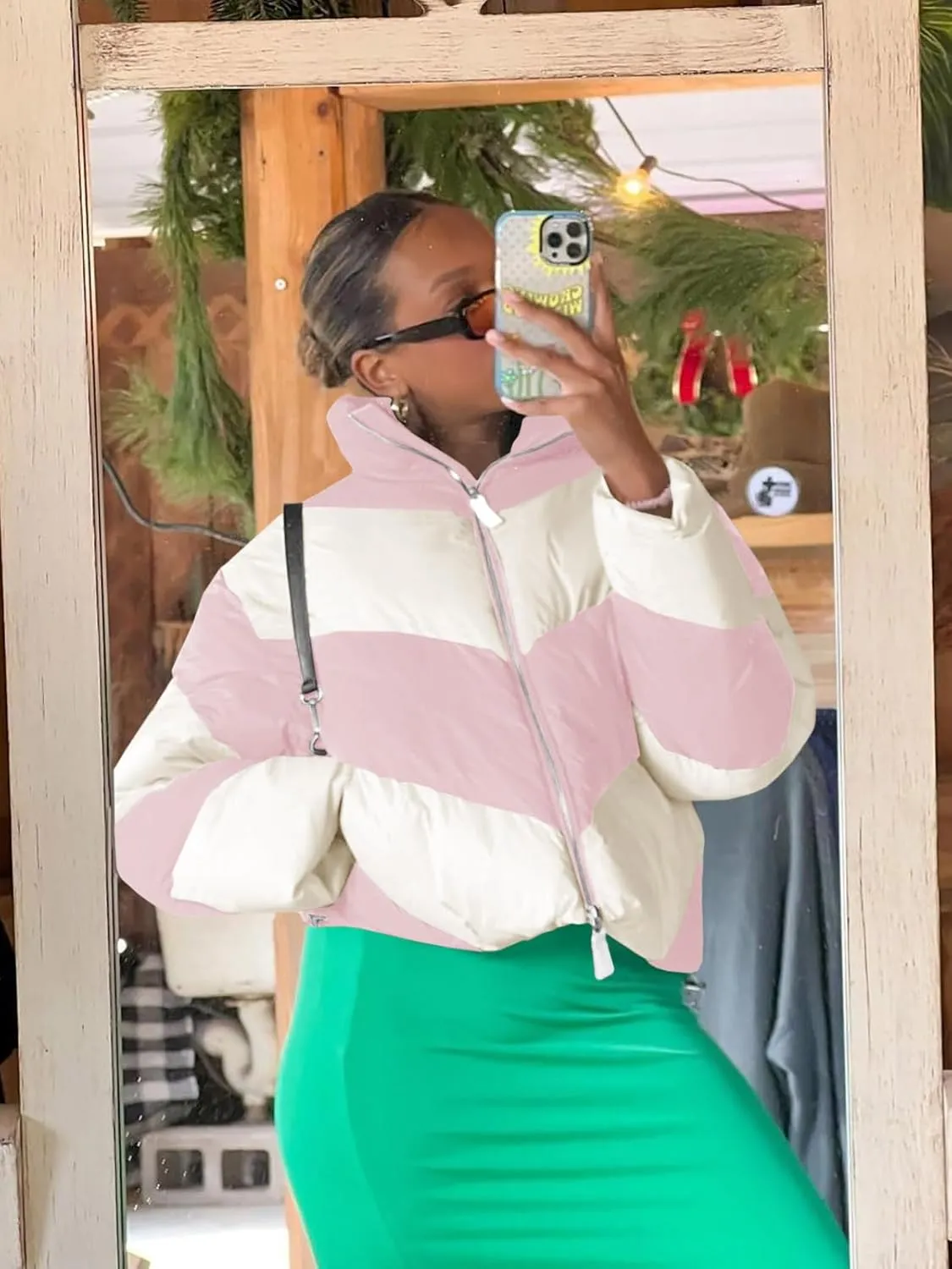Tankaneo Womens Winter Cropped Puffer Jacket Color Block Zip Up Puffy Down Coats Oversized Outerwear