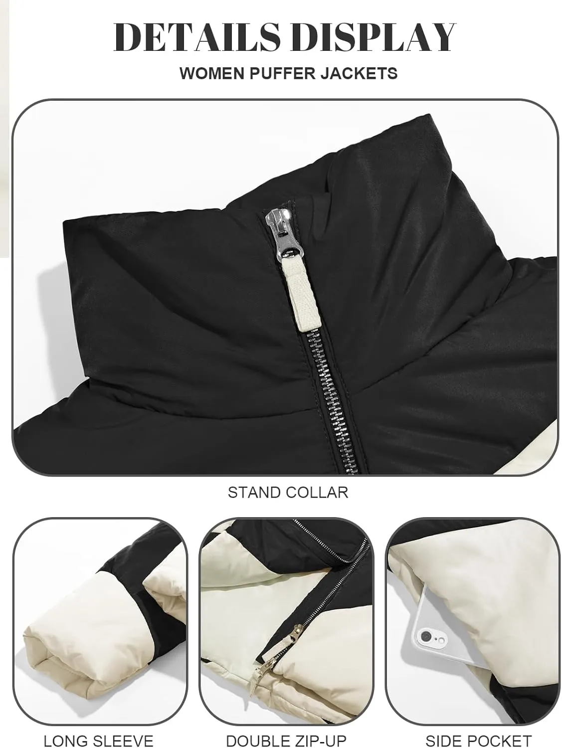 Tankaneo Womens Winter Cropped Puffer Jacket Color Block Zip Up Puffy Down Coats Oversized Outerwear