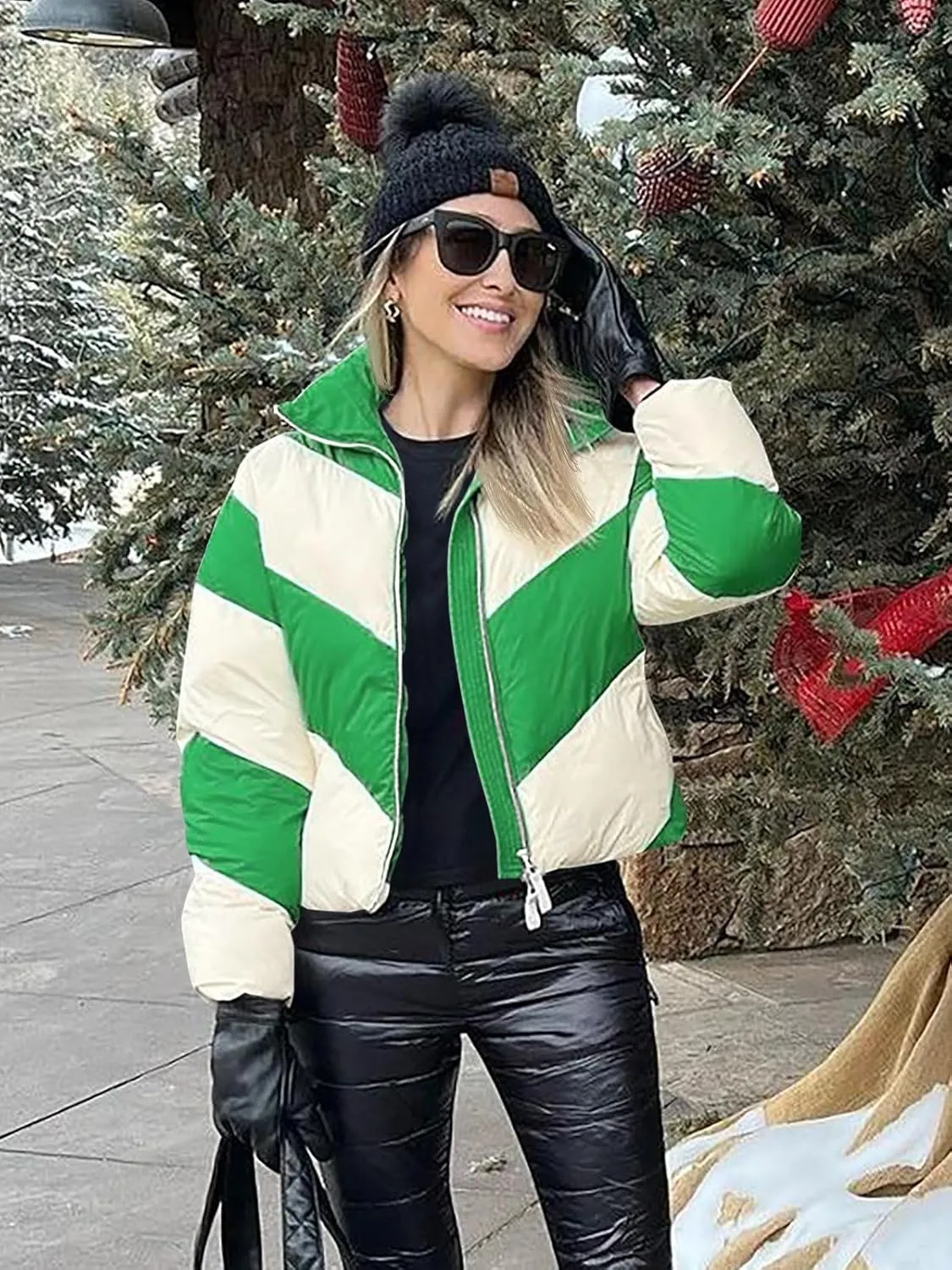 Tankaneo Womens Winter Cropped Puffer Jacket Color Block Zip Up Puffy Down Coats Oversized Outerwear