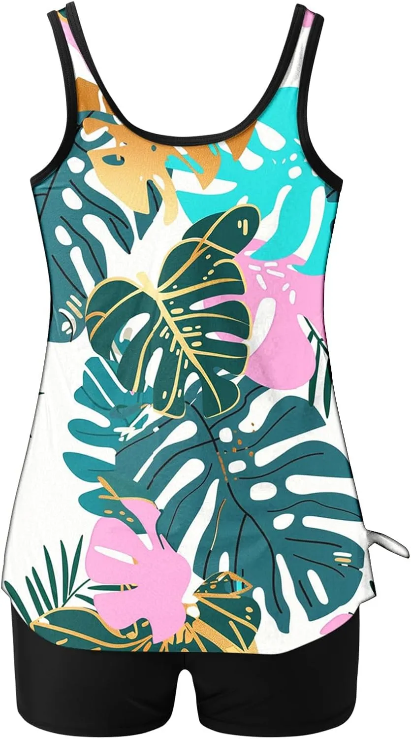 Tankini Swimsuits for Women Two Piece Bathing Suits Printed Blouson Tank Top with Boyshorts Modest Swimwear