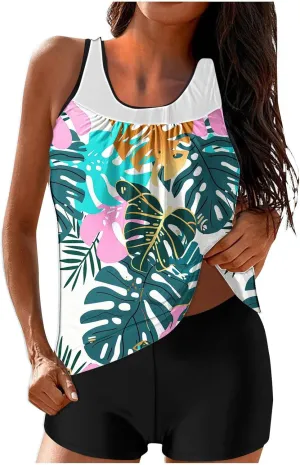 Tankini Swimsuits for Women Two Piece Bathing Suits Printed Blouson Tank Top with Boyshorts Modest Swimwear
