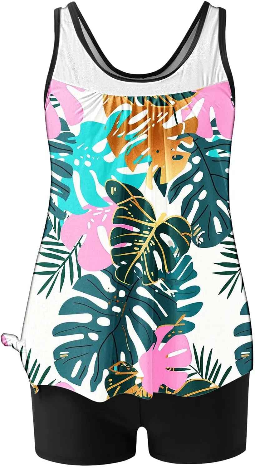 Tankini Swimsuits for Women Two Piece Bathing Suits Printed Blouson Tank Top with Boyshorts Modest Swimwear