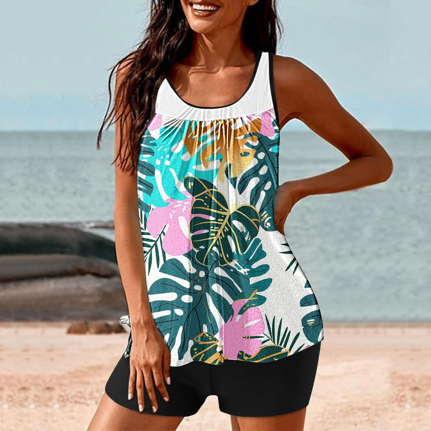 Tankini Swimsuits for Women Two Piece Bathing Suits Printed Blouson Tank Top with Boyshorts Modest Swimwear