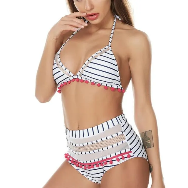 Tassel Mesh insert  High Waist bikini swimsuit