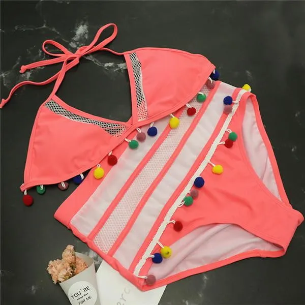Tassel Mesh insert  High Waist bikini swimsuit