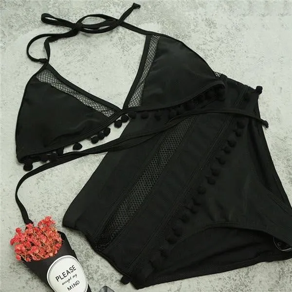 Tassel Mesh insert  High Waist bikini swimsuit