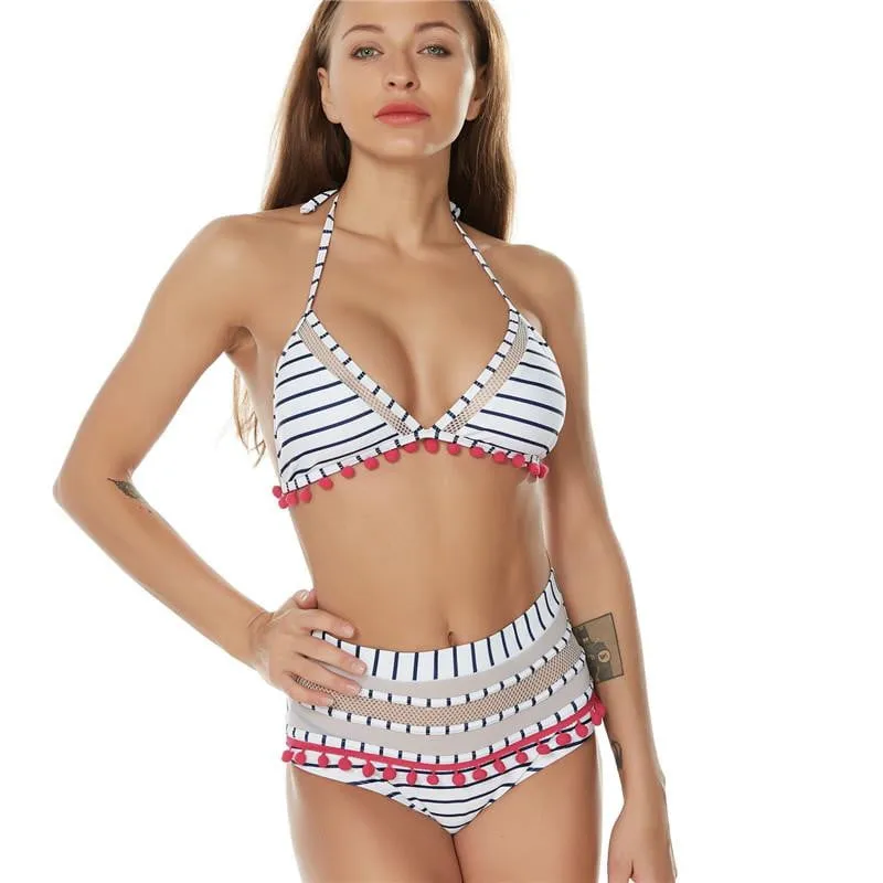 Tassel Mesh insert  High Waist bikini swimsuit
