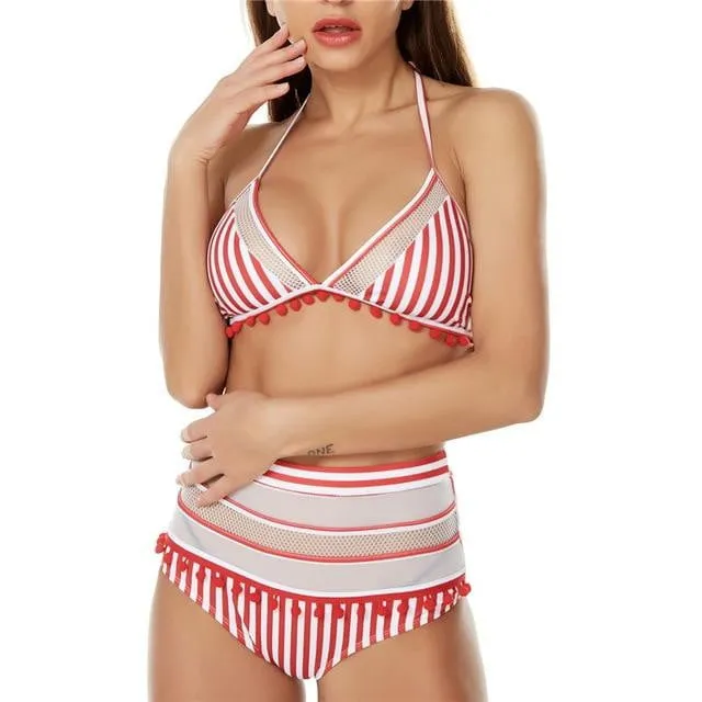 Tassel Mesh insert  High Waist bikini swimsuit