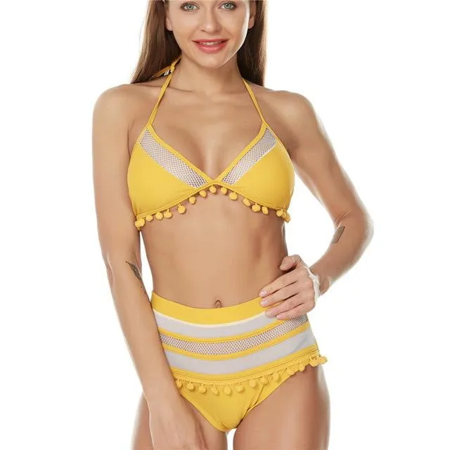 Tassel Mesh insert  High Waist bikini swimsuit