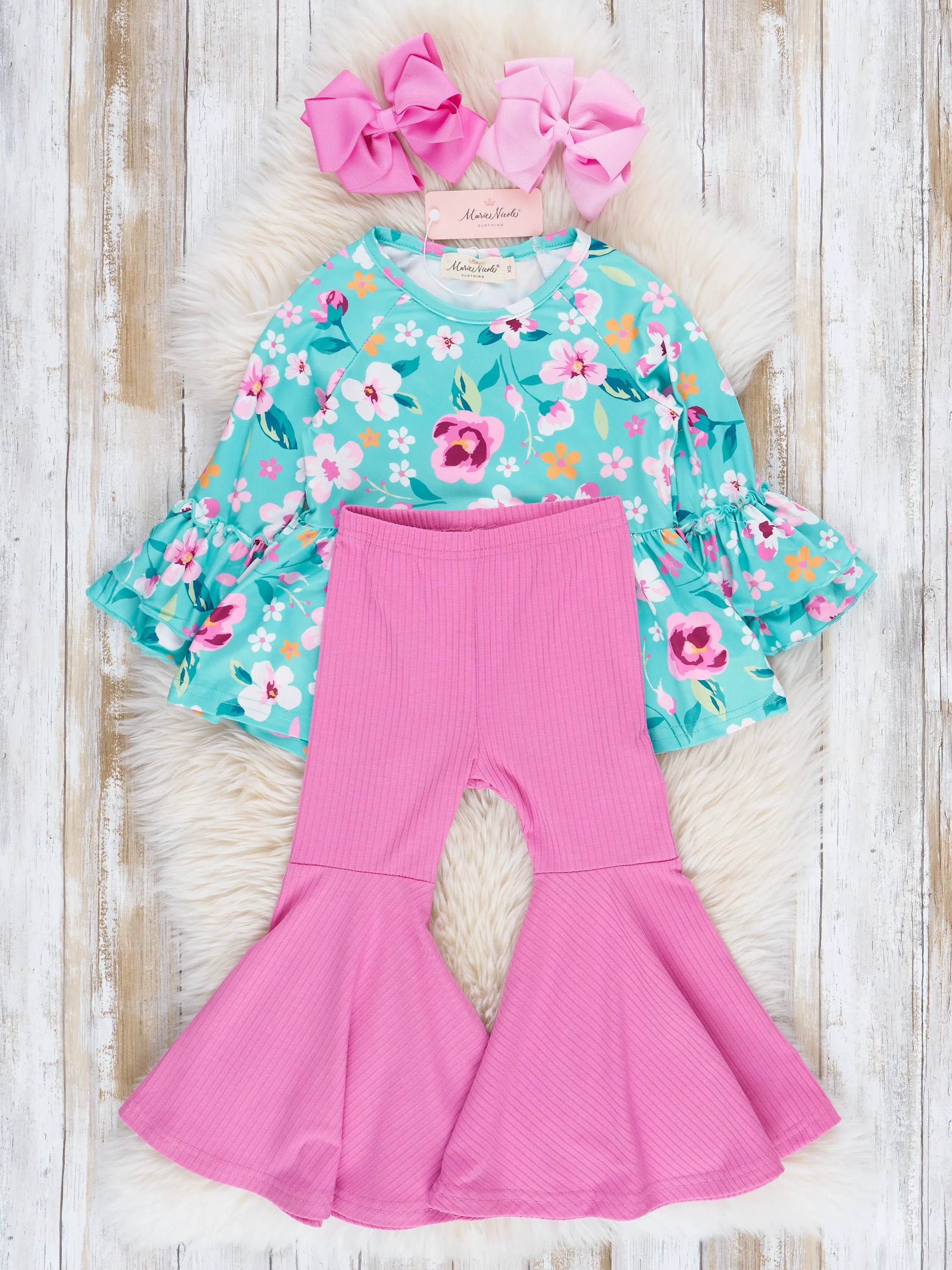 Teal & Magenta Florals Ribbed Bell Bottoms Outfit