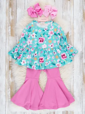 Teal & Magenta Florals Ribbed Bell Bottoms Outfit