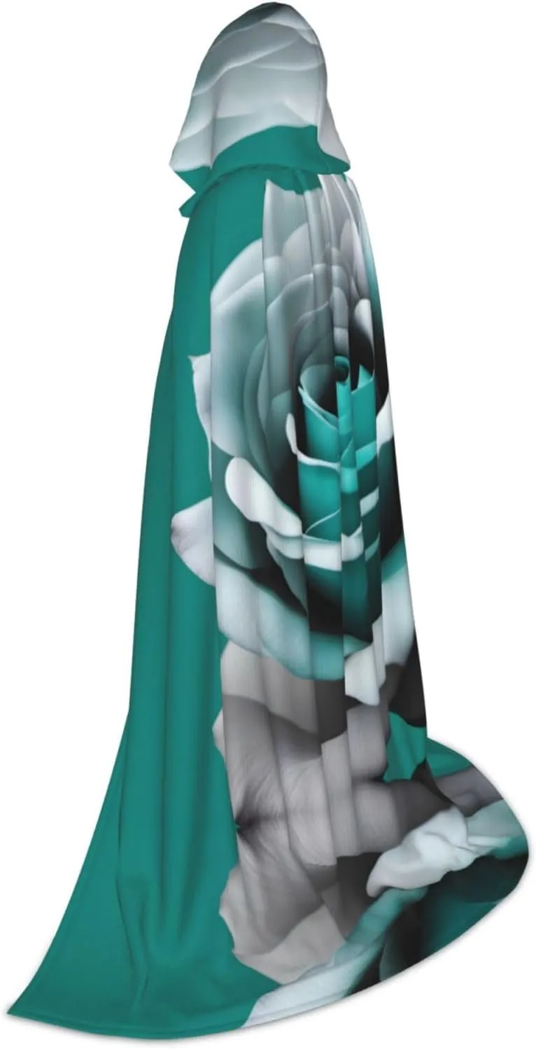 Teal Gray Rose Flower Hood Cloak,Hooded Cape Cloak,Halloween Witch Wizard Raven Vampire Cosplay