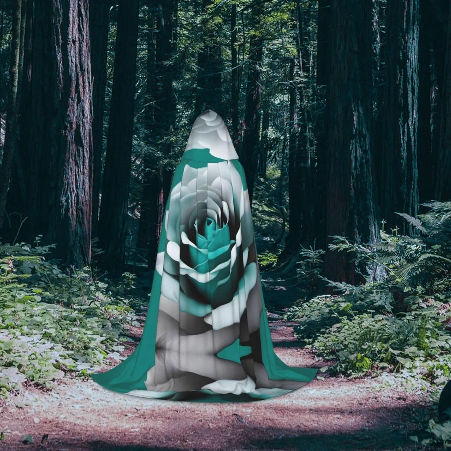 Teal Gray Rose Flower Hood Cloak,Hooded Cape Cloak,Halloween Witch Wizard Raven Vampire Cosplay