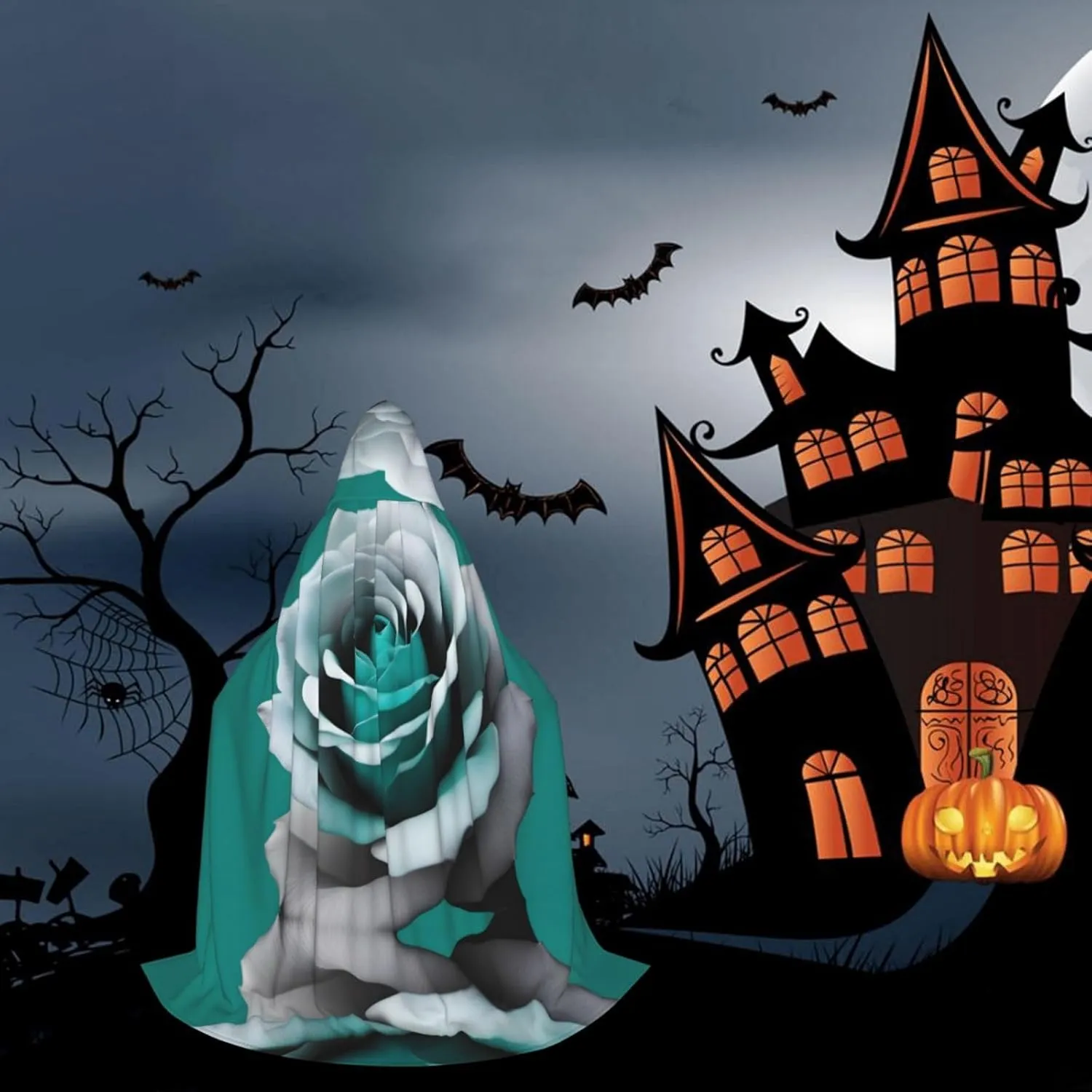 Teal Gray Rose Flower Hood Cloak,Hooded Cape Cloak,Halloween Witch Wizard Raven Vampire Cosplay