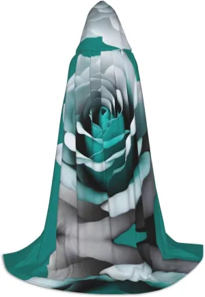 Teal Gray Rose Flower Hood Cloak,Hooded Cape Cloak,Halloween Witch Wizard Raven Vampire Cosplay