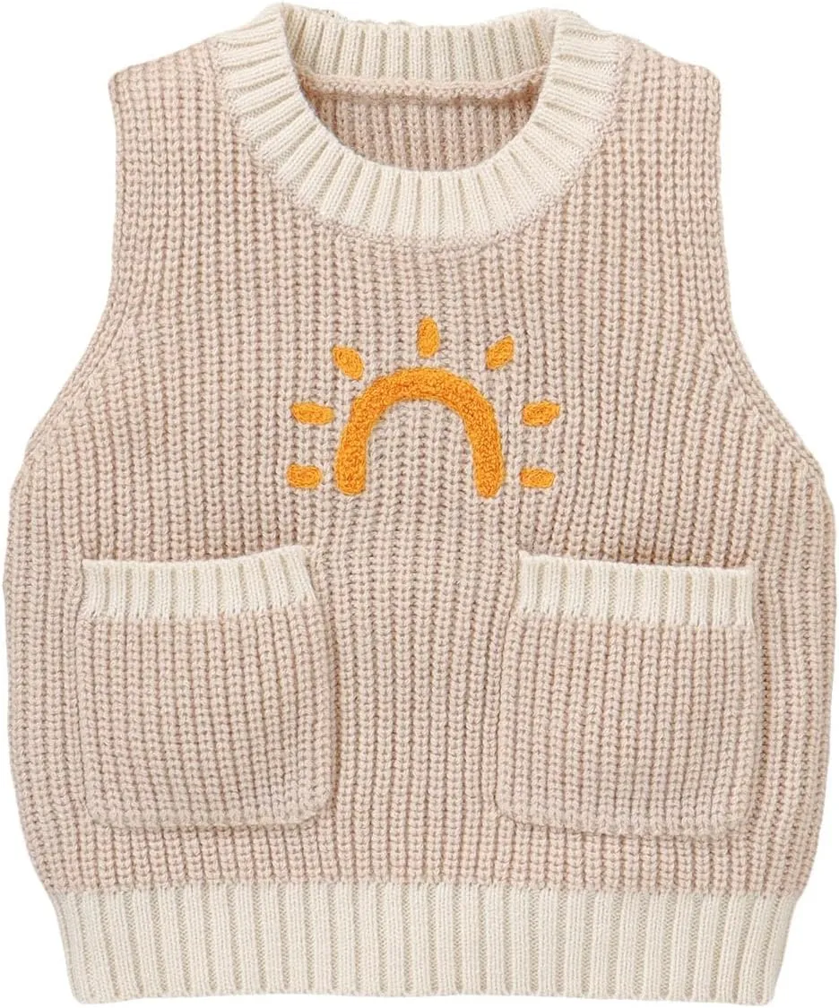 Toddler Baby Boy Girl Sweater Vest Sleeveless Bear Print Chunky Knit Warm Top with Pockets Cute Fall Winter Clothes
