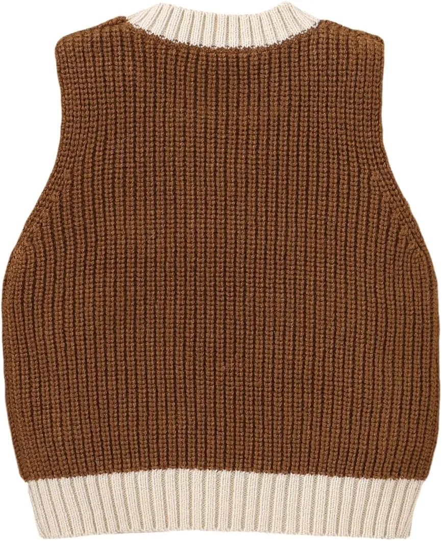 Toddler Baby Boy Girl Sweater Vest Sleeveless Bear Print Chunky Knit Warm Top with Pockets Cute Fall Winter Clothes