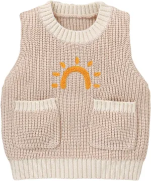 Toddler Baby Boy Girl Sweater Vest Sleeveless Bear Print Chunky Knit Warm Top with Pockets Cute Fall Winter Clothes