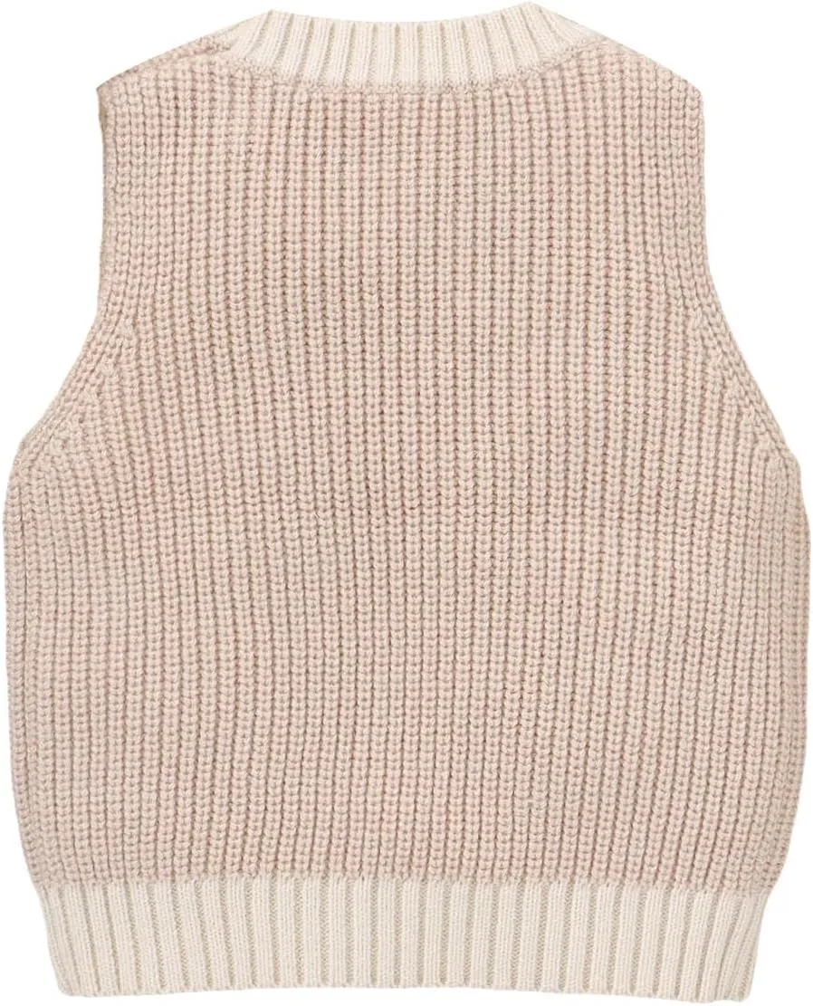 Toddler Baby Boy Girl Sweater Vest Sleeveless Bear Print Chunky Knit Warm Top with Pockets Cute Fall Winter Clothes
