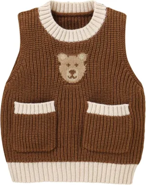 Toddler Baby Boy Girl Sweater Vest Sleeveless Bear Print Chunky Knit Warm Top with Pockets Cute Fall Winter Clothes